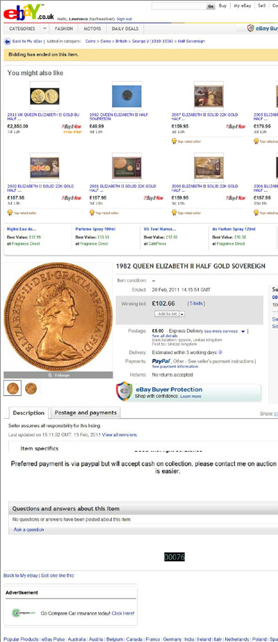 0076one's eBay Listing Using our 1982 Queen Elizabeth II Gold  Sovereign Obverse & Reverse Photographs